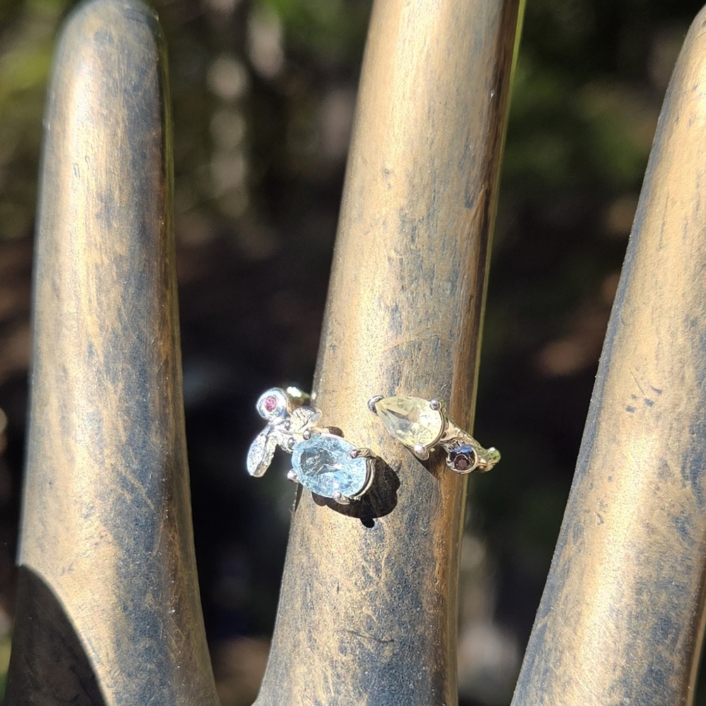 Blue Topaz Citrine Rhodalite Natural Gemstone Sterling White Gold Ring Sz8.5 - Picture 3 of 10